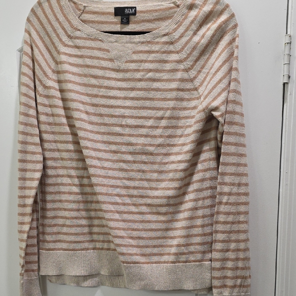 a.n.a Beige and Cream Striped Crew Neck Sweater